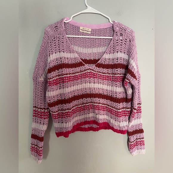 Urban Outfitters Crochet Knit V Neck Cropped Sweater Pink Purple Medium - Picture 2 of 4